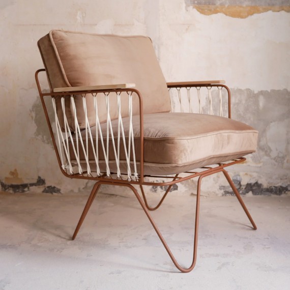 Honoré - Fauteuil Croisette velours Latte armature Brun accoudoir Clair