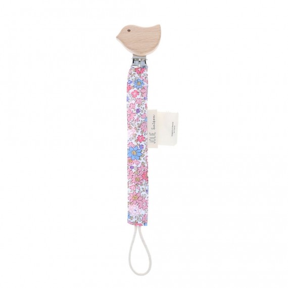 Jolie Saison - Attache tétine oiseau fleuri bleu et rose
