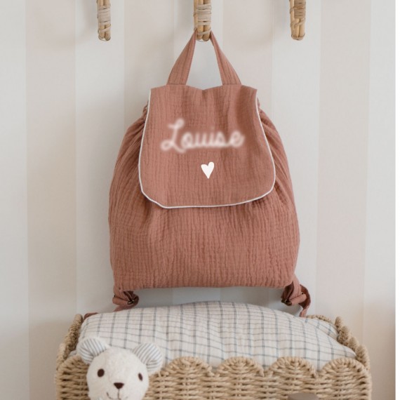 Oh la la - Sac à dos double gaze vieux rose écriture blanche et coeur blanc