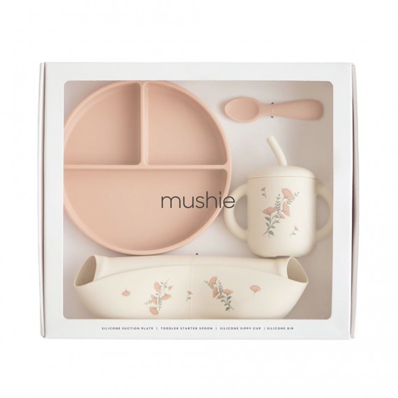 Mushie - Coffret repas en silicone Pink Flowers (4 pièces)