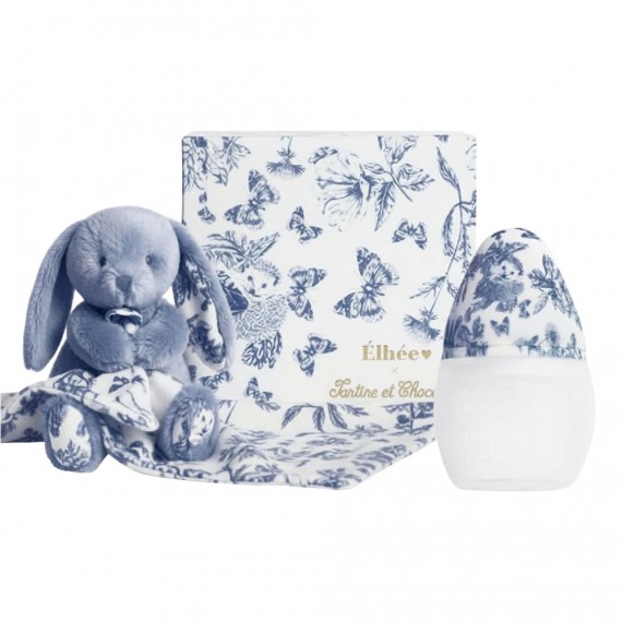 Elhee - Coffret Biberon + doudou Tartine et Chocolat - Toile de jouy bleu