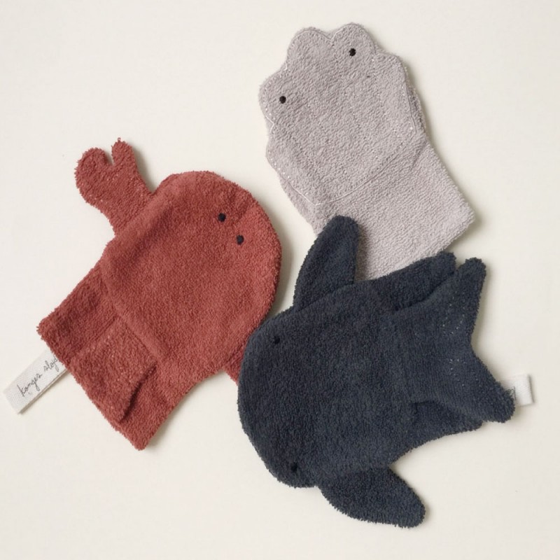 Konges Slojd - Lot de 3 gants de toilette bébé - Animaux marins