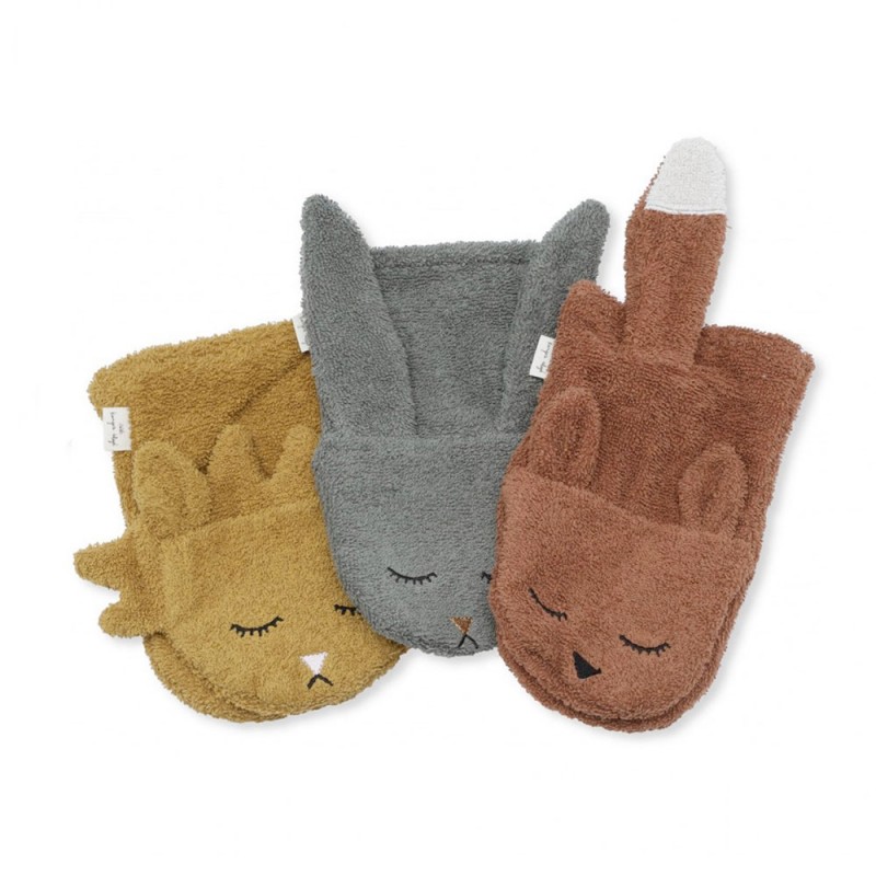 Konges Slojd - Lot de 3 gants de toilette bébé - Animaux sauvages