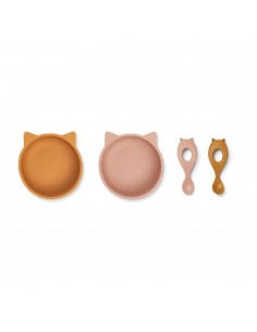 Liewood - Lot de 2 bols silicone Ewan set chat moutarde et dark rose mix